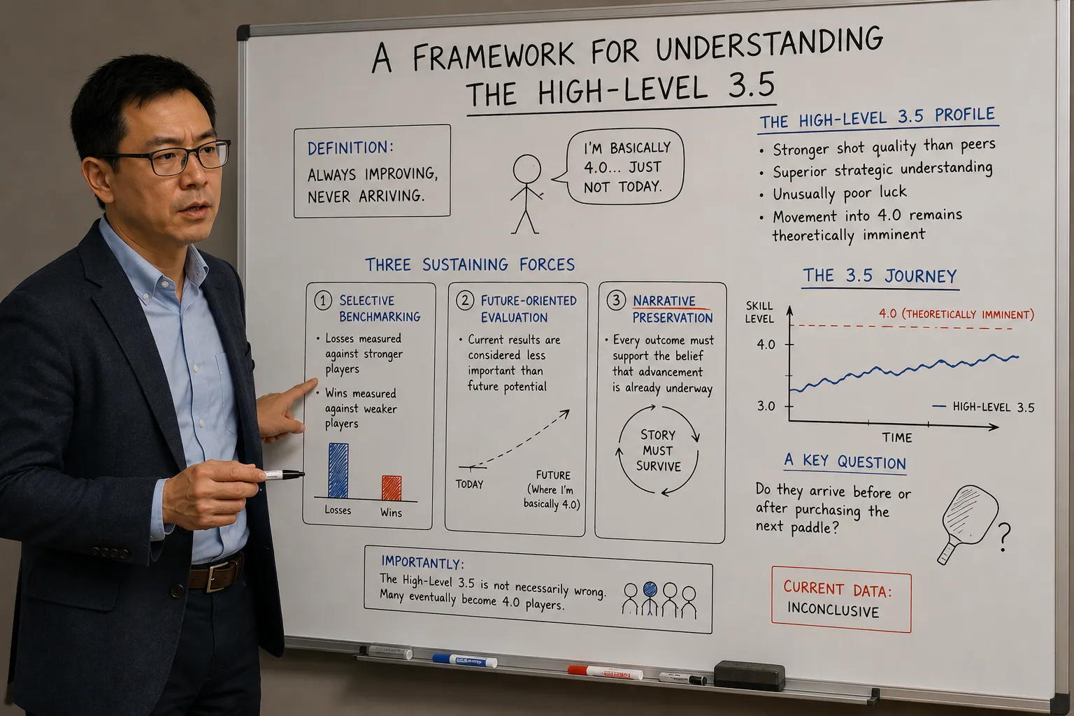 A man in a blazer presents at a whiteboard headed "A Framework For Understanding The High-Level 3.5" — a definition reading "always improving, never arriving," a stick figure captioned "I'm basically 4.0… just not today," the three sustaining forces (Selective Benchmarking, Future-Oriented Evaluation, Narrative Preservation), a skill-over-time chart with a dashed "4.0 (theoretically imminent)" line, and a closing note: "Current data: inconclusive."