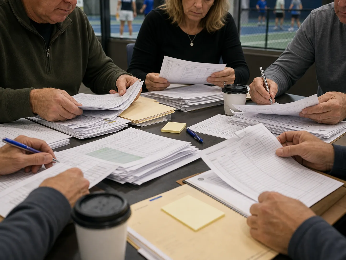 Committee members sort stacks of court reservation forms and folders at a recreation center meeting table, with pickleball courts visible through the windows behind them.