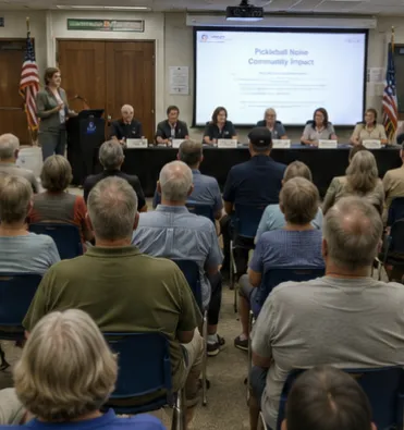 A community meeting in progress, board members seated at a long table beneath a slide reading 'Pickleball Noise Community Report,' residents seated in rows facing them.