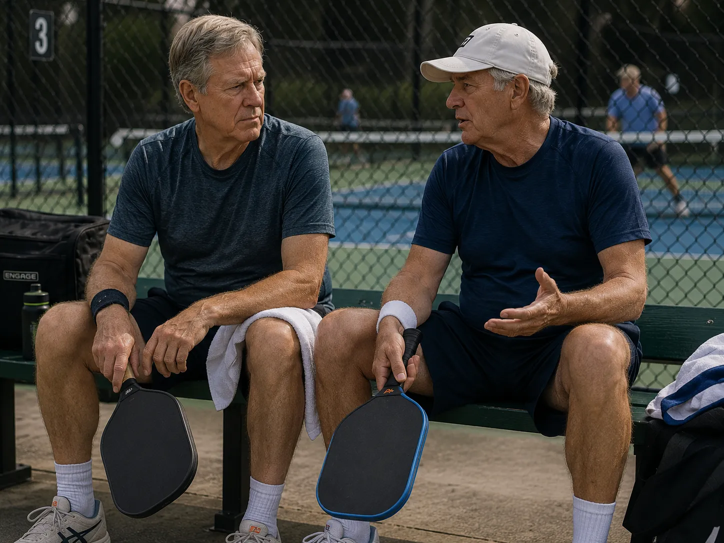 Two men in their late sixties sit on a green courtside bench holding pickleball paddles, mid-conversation, one gesturing while the other listens with a flat expression.