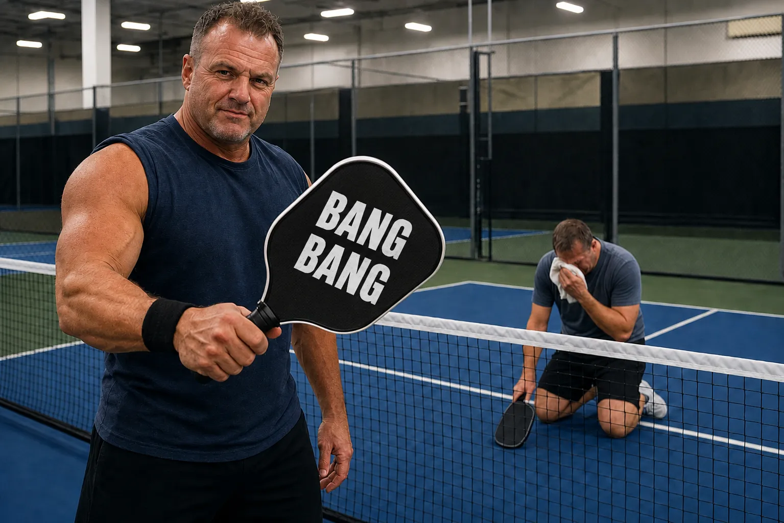 A muscular pickleball player holds a paddle reading "Bang Bang" on an indoor court while a defeated opponent cries across the net.