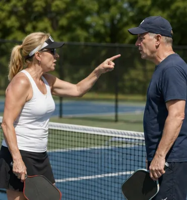 Two pickleball players facing each other across the net mid-dispute, the woman pointing at the man, both holding paddles.