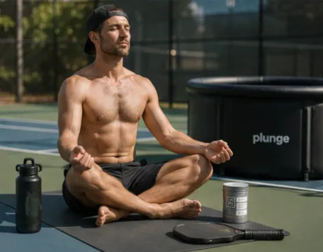 A man meditating cross-legged on a yoga mat next to a cold plunge tub on an outdoor pickleball court.