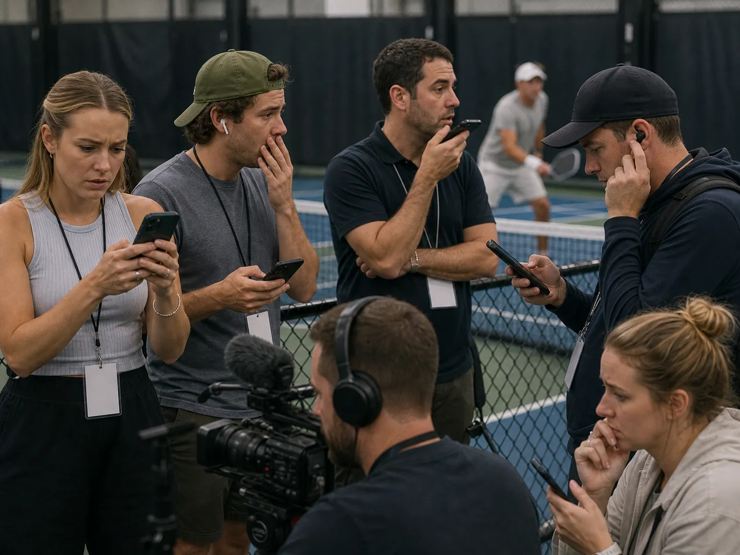 Pickleball media members stand courtside checking phones and headsets while a professional player warms up in the background.
