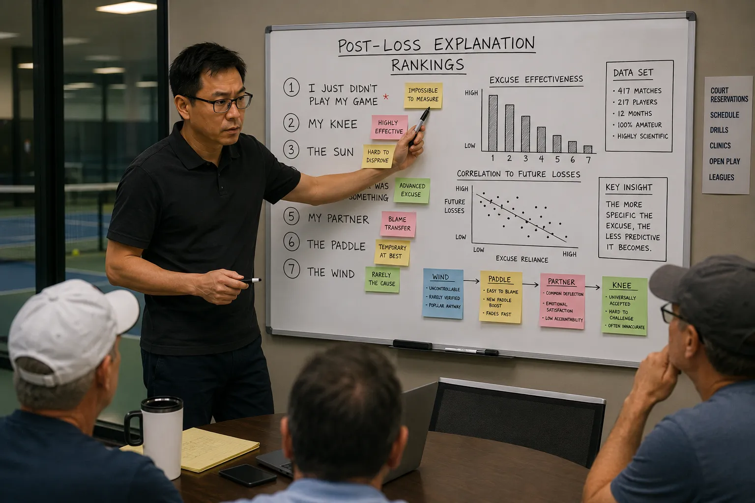 A man in a black polo presents at a whiteboard titled POST-LOSS EXPLANATION RANKINGS — a numbered list from "I Just Didn't Play My Game" down to "The Wind," with an excuse-effectiveness bar chart, a correlation scatterplot, and a DATA SET panel (417 matches, 217 players) — to three seated men in a room overlooking pickleball courts.