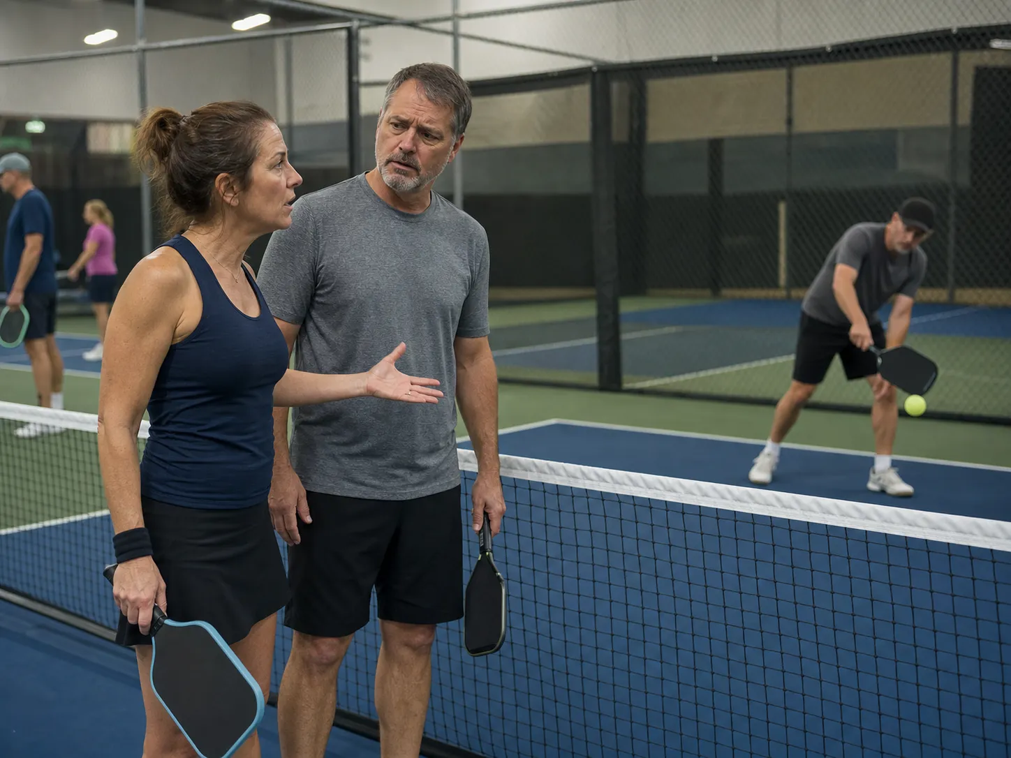 Susan Reynolds stands at the kitchen line on an indoor pickleball court, disputing her partner's encouragement after a shot sat up for an opponent's put-away.