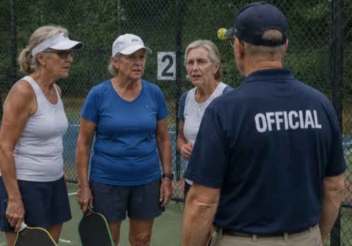 Three older women players on a pickleball court speaking with an official in a navy uniform marked OFFICIAL.