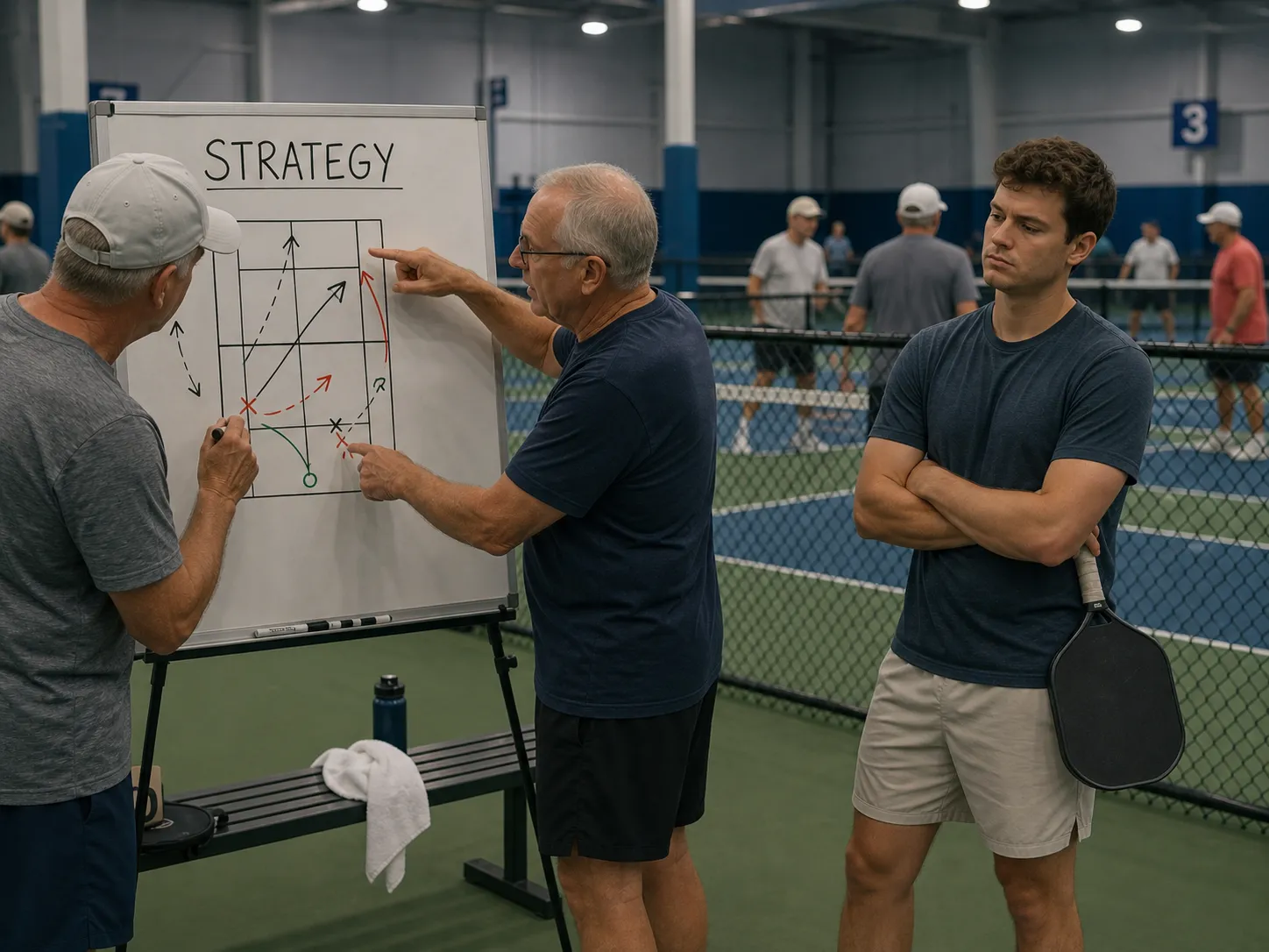 Two older pickleball players point at a whiteboard labeled STRATEGY while a younger player stands beside them with crossed arms, unimpressed, on an indoor court.