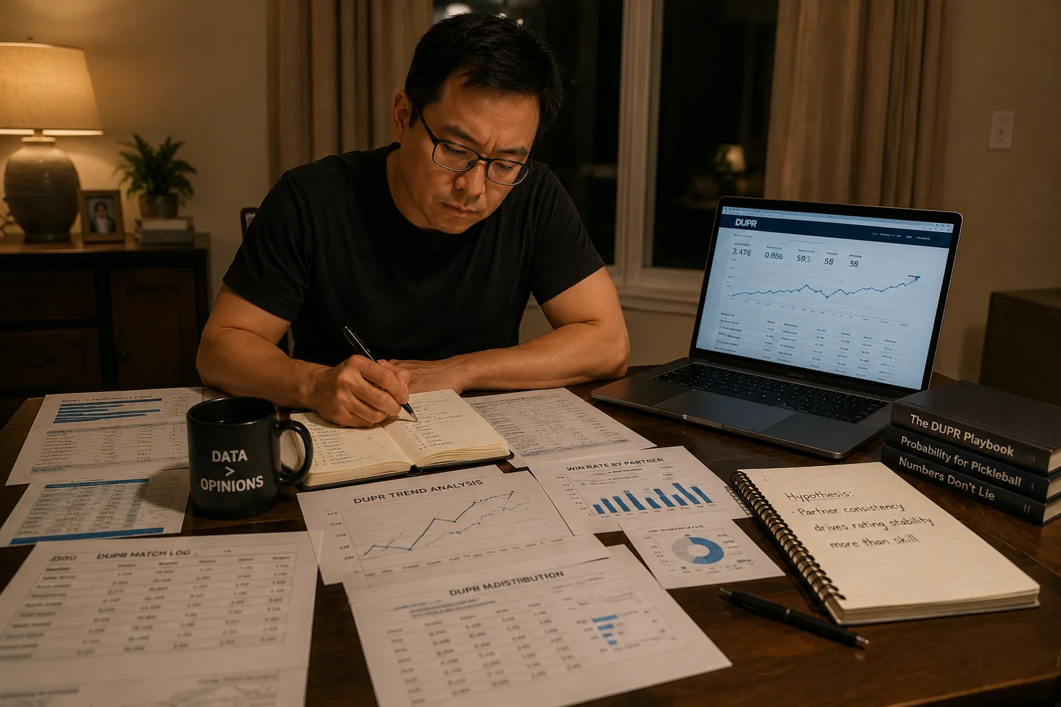 A man works late at a home desk blanketed in printed pickleball rating charts and spreadsheets, writing in a notebook beside a laptop showing a climbing line graph and a mug reading DATA > OPINIONS.