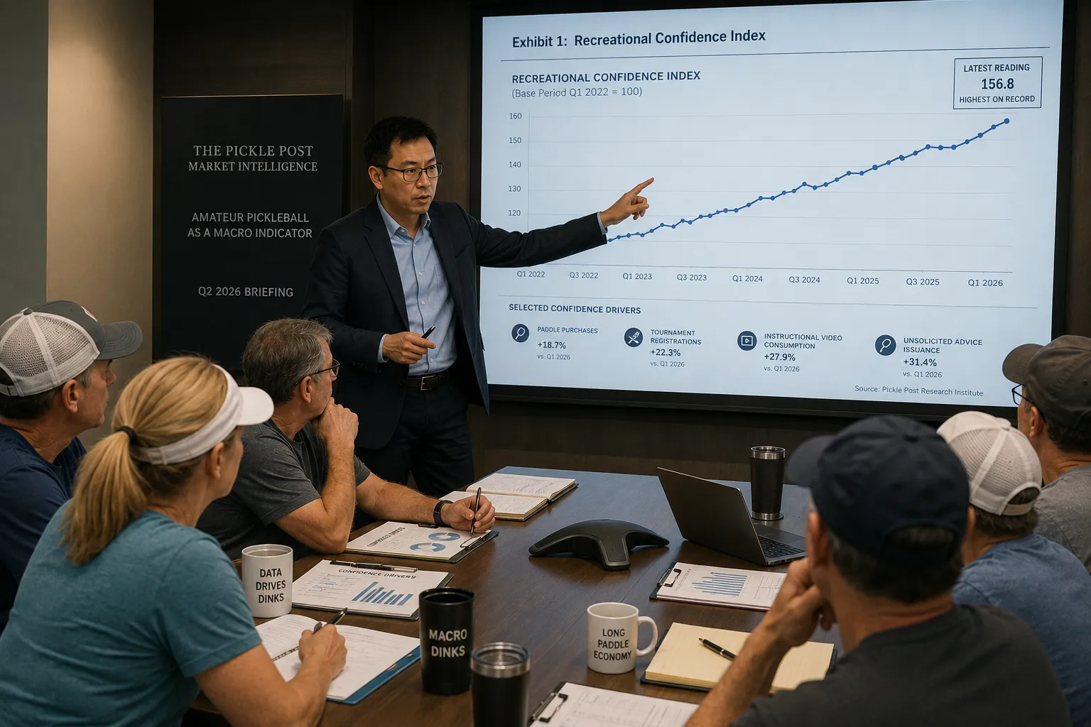 A man in a blue shirt presents a slide reading "Exhibit 1: Recreational Confidence Index" — a steadily rising chart with a latest reading of 156.8, highest on record, and confidence drivers like paddle purchases and unsolicited advice issuance all up double digits — to a seated boardroom audience under a Pickle Post Market Intelligence banner.