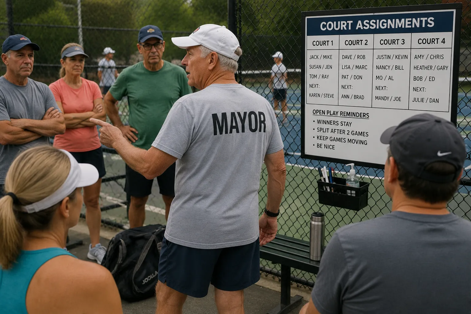 An older man in a gray shirt with MAYOR printed across the back gestures toward a group of players gathered at a courtside whiteboard headed COURT ASSIGNMENTS, addressing them in front of the open play board.