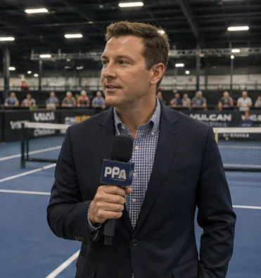 A reporter in a suit holding a PPA-branded microphone on an indoor professional pickleball court, players warming up in the background.
